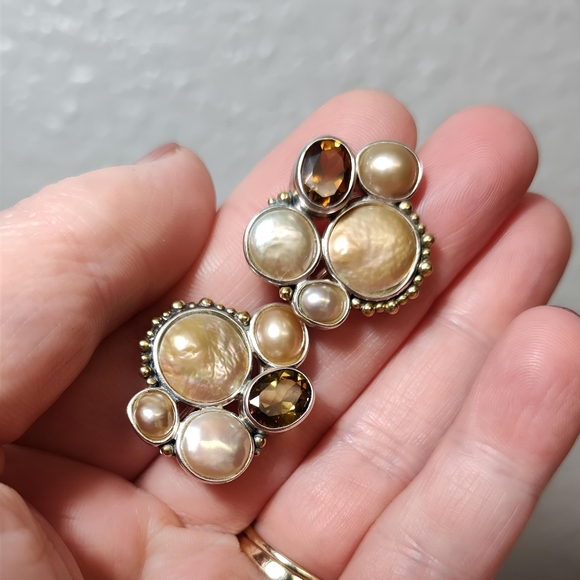 Echo of The Dreamer Sterling Silver Bronze Pearl Citrine Post back Earrings - Picture 4 of 7